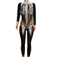 black mesh gauze perspective tights jumpsuit women sparkling rhinestones tassel backless leotard nightclub bar dance show wear