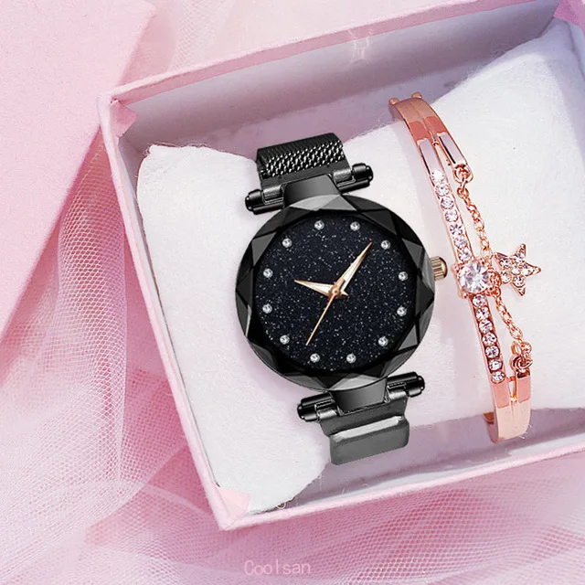 black bracelet Роскошные женские часы модные элегантные магнитные пряжки Vibrato Фиолетовые женские наручные часы Звездное небо римские Кварцевые часы подарок - Цвет: black bracelet