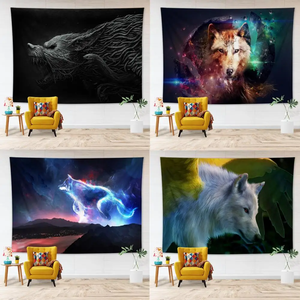 

Animals Wolf Starry Sky Printed Tapestry Living Room Bedroom Decorative Hippie Wall Hanging Tapestry Polyester Carpet Home Decor