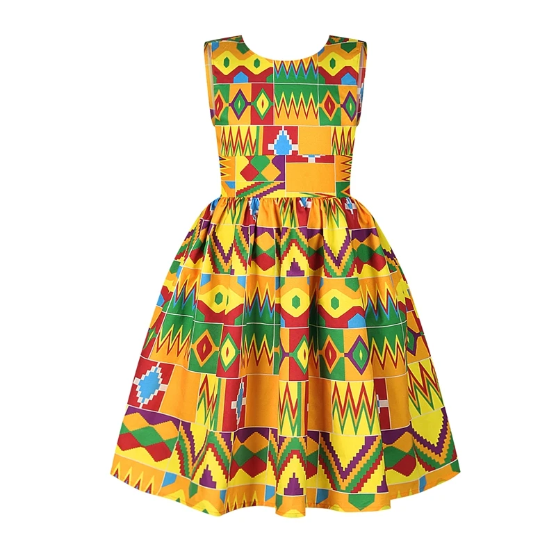 

OneLineFox Girls African Children African Traditional Dress Fashion Sleeveless Backless Bow Printed Dashiki Girls Summer Dress