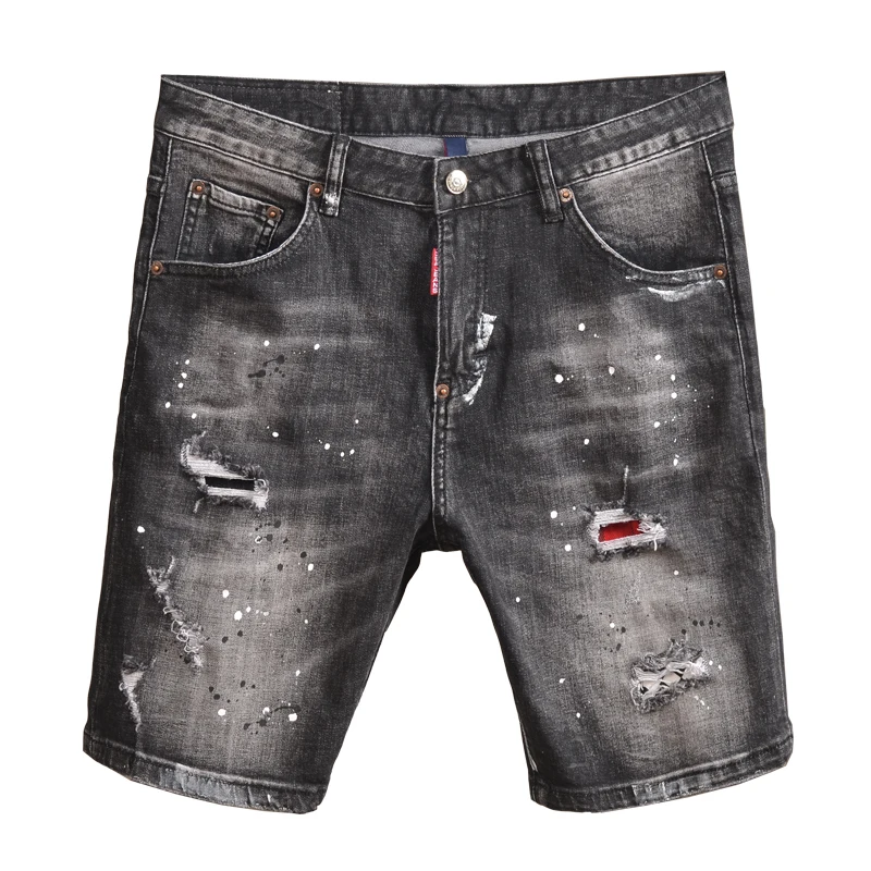 Summer Thin Denim Shorts Men Stretch Slim Fit Jeans Vintage Spray Painting Patch Knee Length Pants