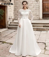 a line long sleeve wedding dress satin lace with belt long formal elegant bride wedding gowns custom size cz51