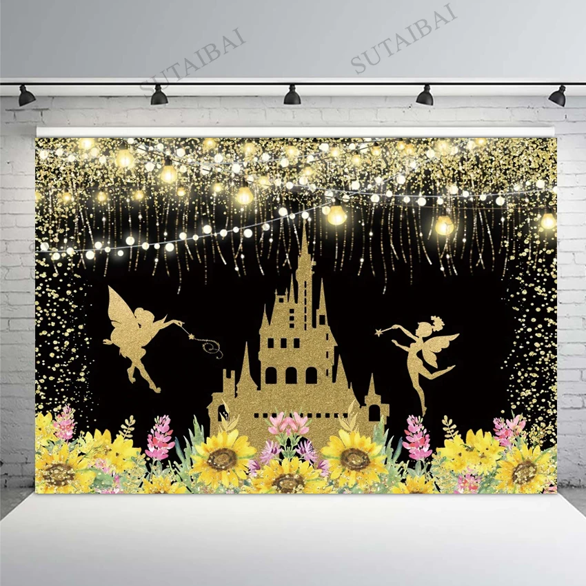 

Backdrops for Photography Gold Castle Dreamy World Fairytale Spirit Sunflower Shiny Bulb Photocall Photozone Child Photo Studio