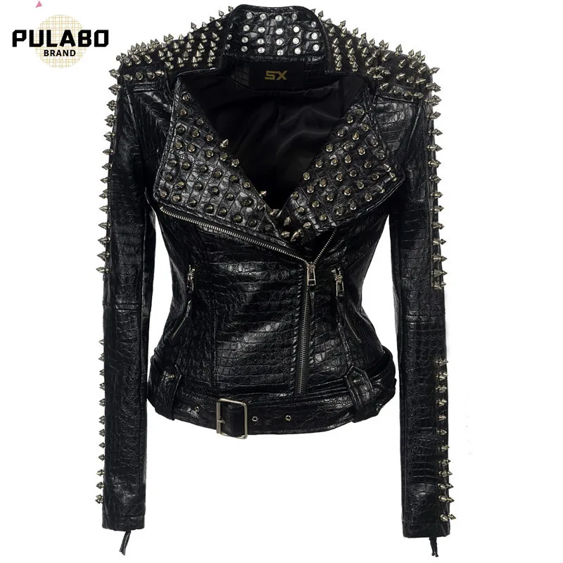 

SX Occident Fashion Women Club Hot Style Stud Slim Fit Jacket Shoulder Rivets Zip Stitching Short PU Leather Rock Coat