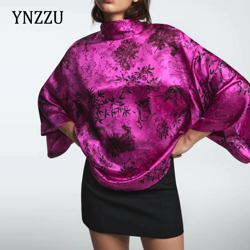 

Bow print blouse women's 2022 Newest Fashion High neck Flare sleeve Female shirt Stain tops Loose Spring Ladies Fall YNZZU 1T164