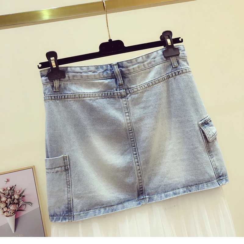 

Mesh Stitching Denim Skirt for Women 2021 Summer Korean Fashion Irregular Beads Rhinestones Skirt Slim Elegant Mid-Length Skirt