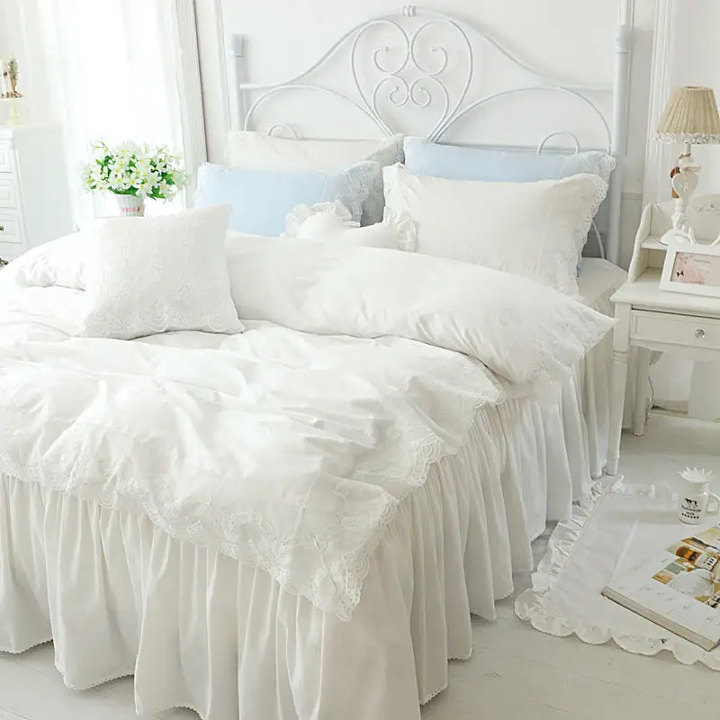 3/4pcs King Queen Size Duvet Cover Set For Girls Single Bed Skirt Pure White Lace Bedding Sets Cotton Linen Princess Ruffles | Дом и сад