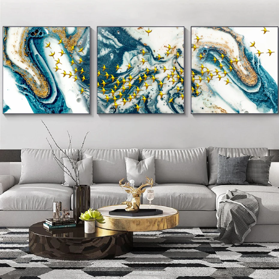 3 предмета чёрные и золотые абстрактные птицы настенные художественные картины