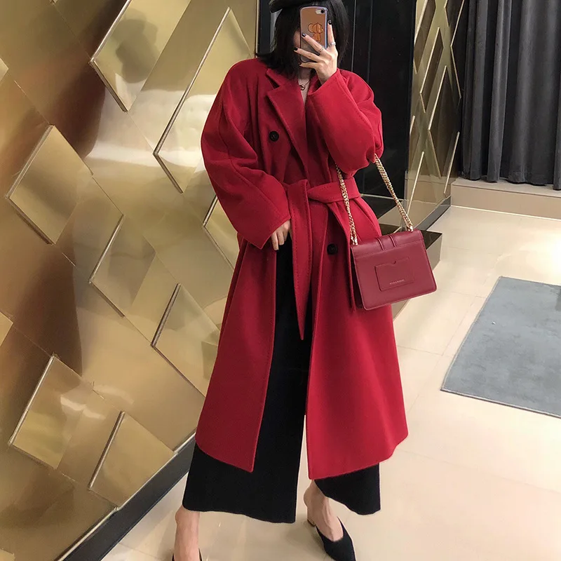 Winter Korean Popular High-end Water Corrugated Woolen Overcoat 2021 Fashion Long Bathrobe Style 100% Wool Jacket Coat Women