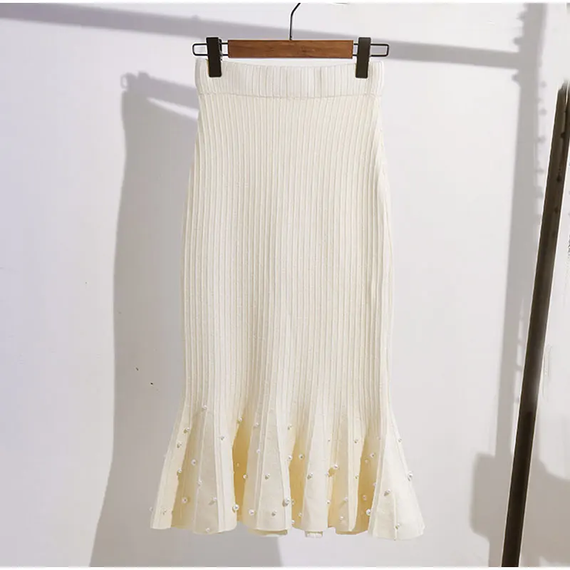 Женская зимняя трикотажная юбка-Русалка с жемчугом и бисером оборками на подоле