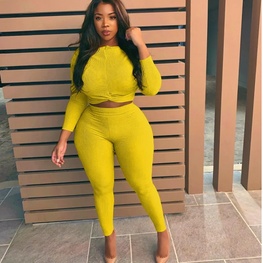 

hirigin Ribbed Knitted Casual Autumn Streetwear Suits Bandage Women Long Sleeve Crop Top and Pants Bodycon Two Piece Outfits