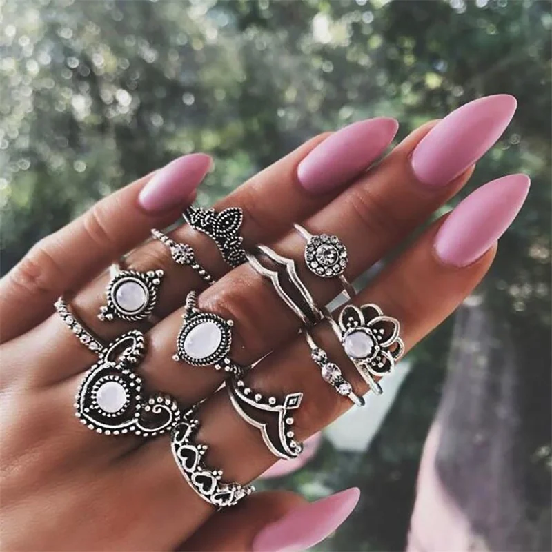 Набор Колец FNIO 12 шт./компл. в богемном стиле ретро с опалом лотосом и кристаллами