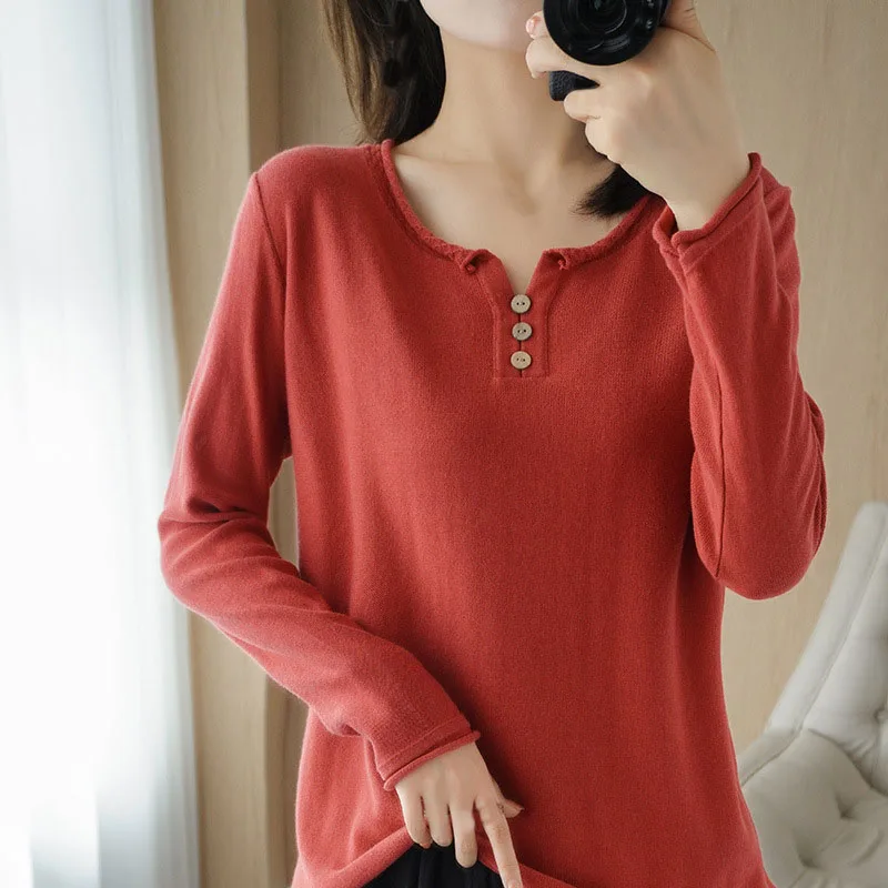 

2021 Spring New Fashion Warm Female Casual Jumper Solid Cotton And Linen Knitwear Curled Button V-Neck Long Sleeve Loose Stylish