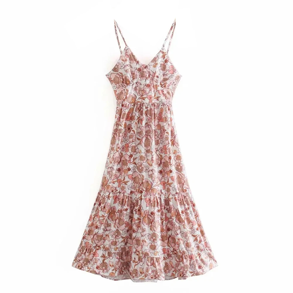 

2021 Summer women vintage floral Dresses Sling Printed Vestidos sleeveless sexy backless bowknot Midi Dress Squiggle Sundresses