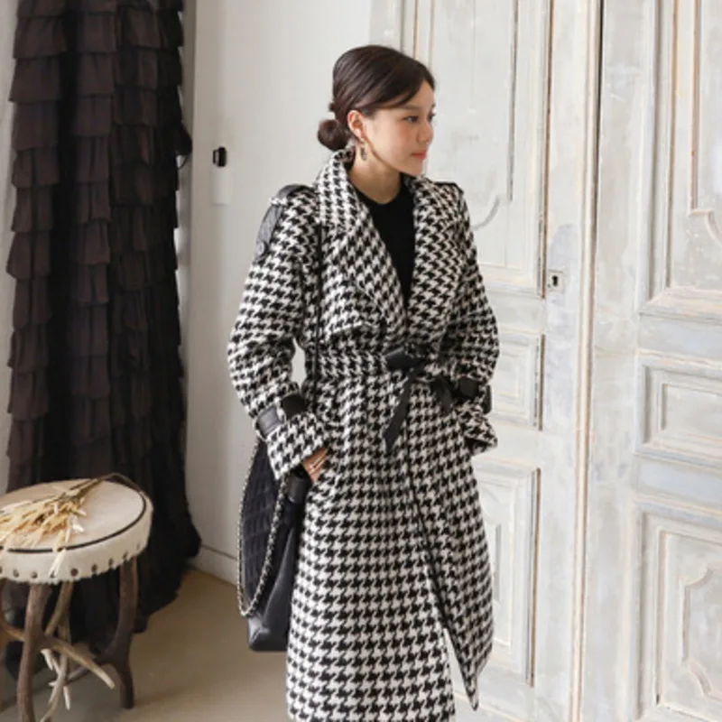 

2019 зимние длинные женские куртки из твида, Длинные винтажные модные корейские куртки с отложным воротником и поясом