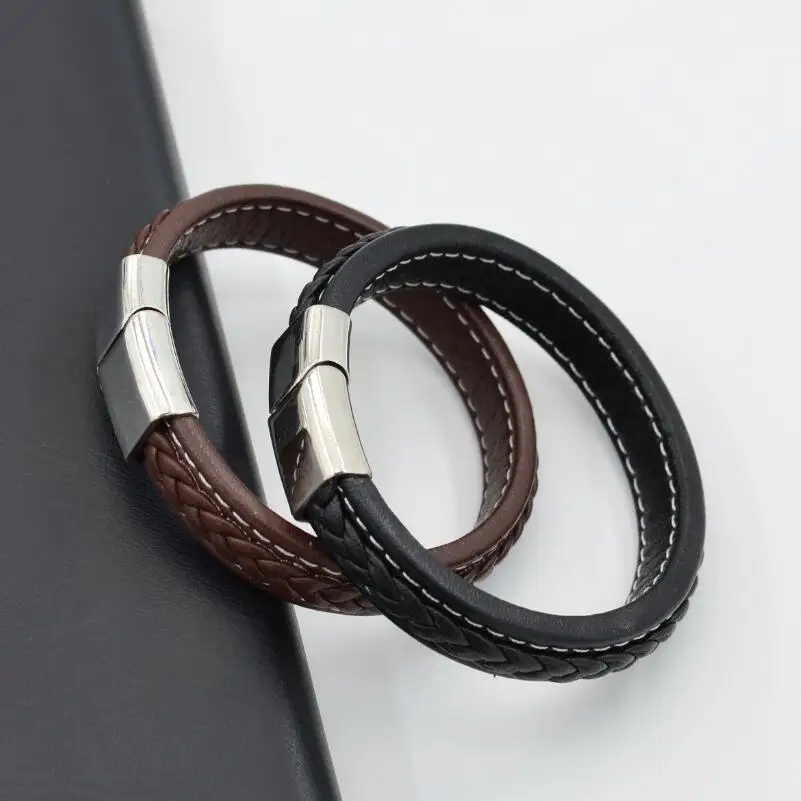 Плетеный черный коричневый кожаный браслет мужской модный из нержавеющей стали