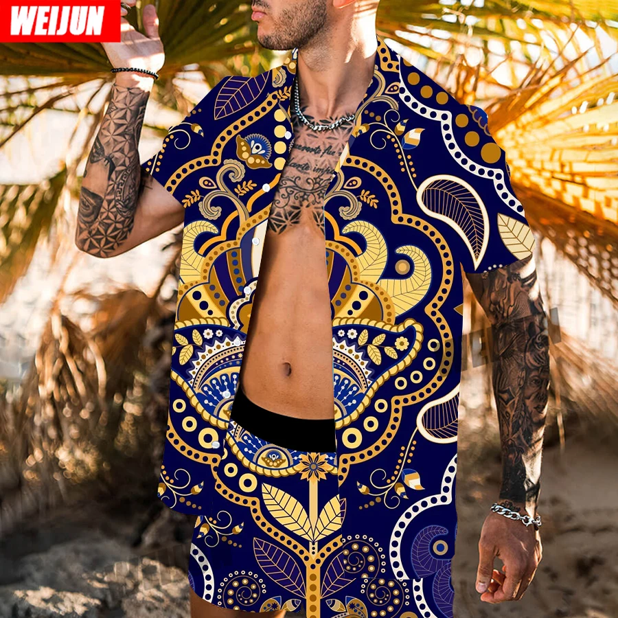 

Men's suit summer short-sleeved shirt shorts tropical print T-shirt + shorts beach two-piece Hawaii suit casual suit