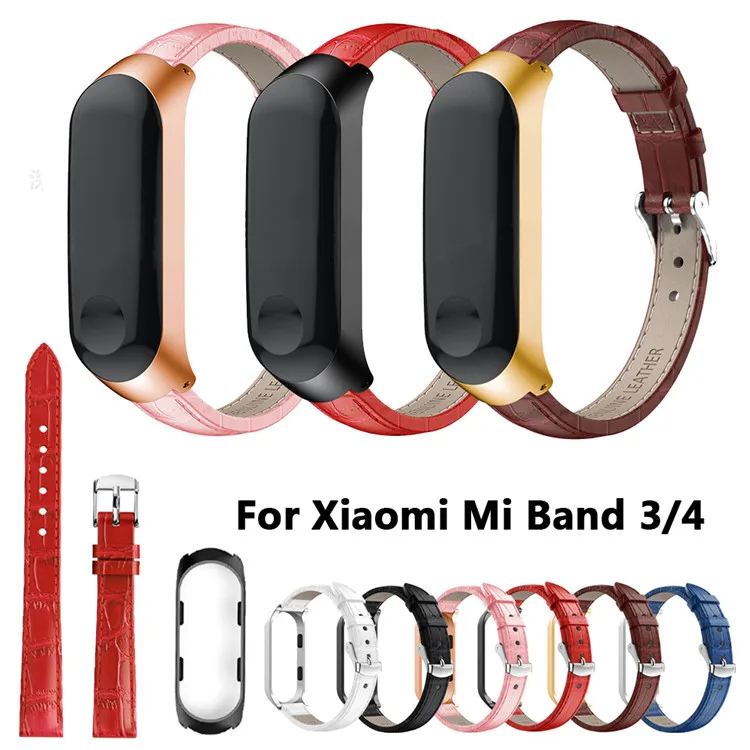 Кожаный ремешок для Xiaomi Mi Band 4/3 с рамой из нержавеющей стали 3 4 смарт Браслет