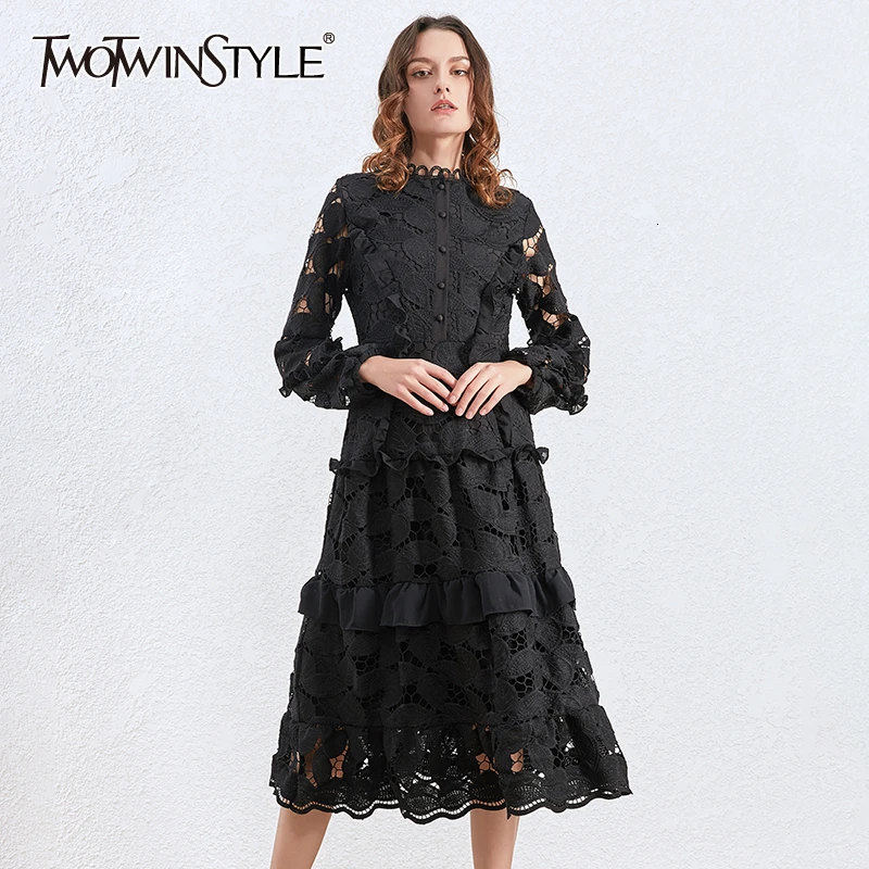 

TWOTWINSTYLE Patchwork Lace Black Dress For Women O Neck Long Sleeve High Waist Hollow Out Elegant Dresses Female 2020 Autumn