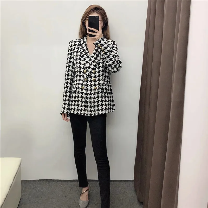 

Za Vintage Houndstooth Tweed Blazer Women 2020 Long Sleeve Double Breasted Blazer Woman High Quality Office Ladies Elegant Coats