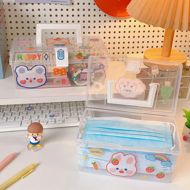 Милый портативный ящик для хранения с наклейкой и ручкой крышки милые прозрачные