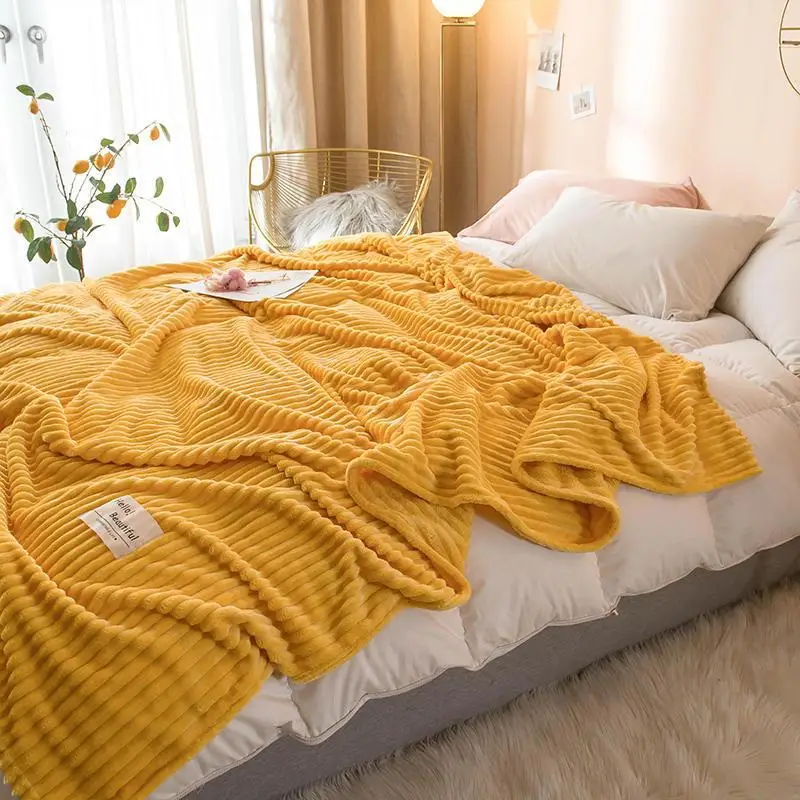 

52 Blankets for Beds Solid Yellow Color Soft Warm 300GSM Plaid Square Flannel Blanket On the Bed Thickness Throw Blanket