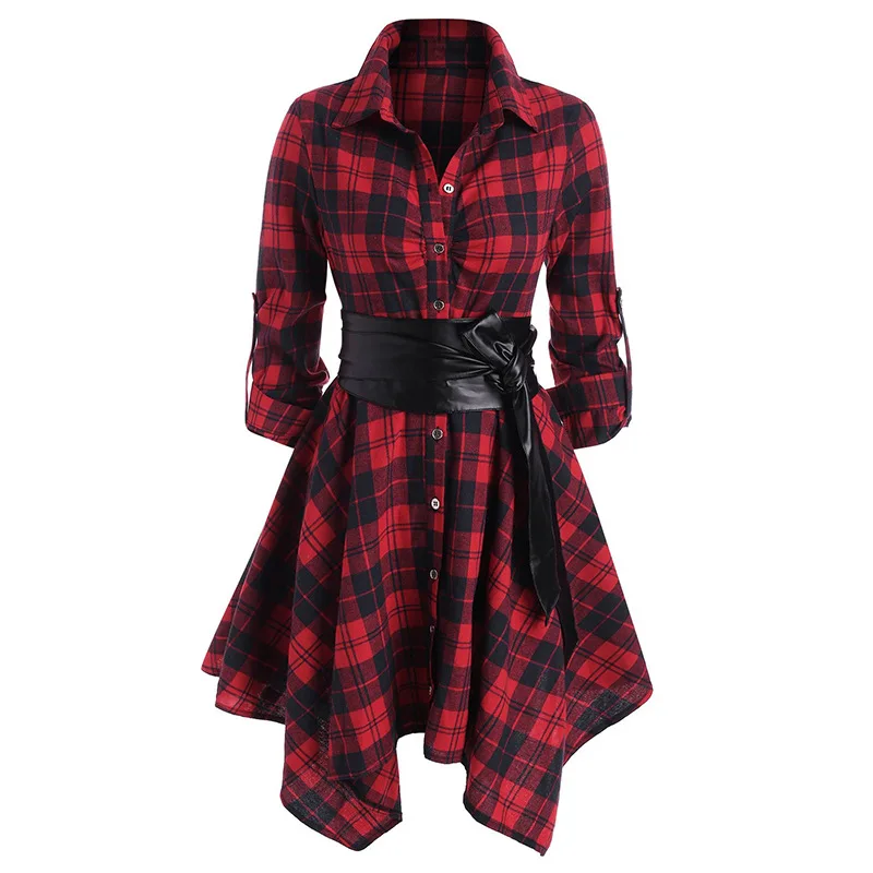 

2021 New Ladies Mid-length Long-sleeved Dress European and American Ladies Plaid Belt Dress
