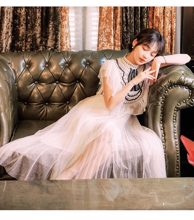 Винтажное женское платье с оборками Сетчатое кружевное французское нишевое