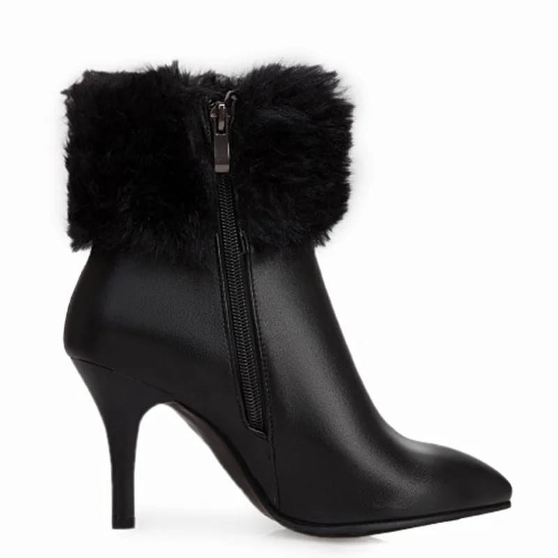 KALENMOS/женские ботинки размера плюс 33-46 вечерние на меху тонком каблуке с острым