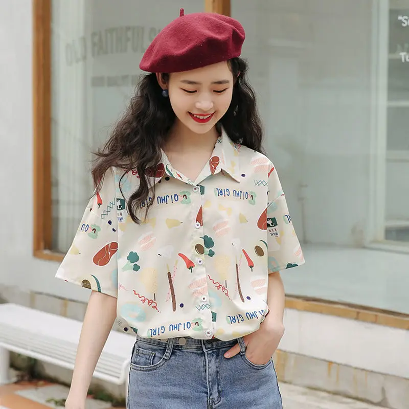 

Рубашка женская с коротким рукавом и отложным воротником, свободная милая блузка с принтом для девушек, Повседневная стильная шикарная тон...