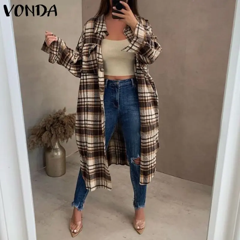 

Винтажная блузка VONDA 2021 с принтом в клетку, рубашки с отложным воротником и длинным рукавом, осенняя блузка с длинным рукавом, свободные элег...