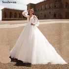 Женское свадебное платье с пышными рукавами, V-образным вырезом