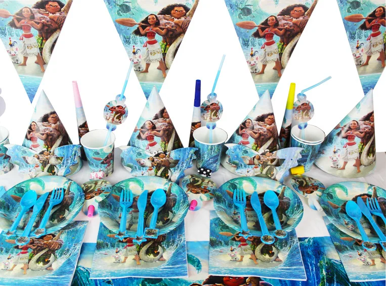 

Disney Anime Theme Party Supplies Sea Romance Birthday Decoration Moana Maui Disposable Tableware Paper Cup Hat Straw Fork Knife