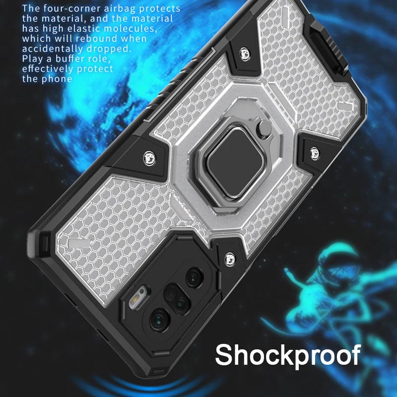 KEYSION Shockproof Armor Case for Xiaomi POCO F3 5G M3 Pro 5G M2 Transparent Ring Stand Phone Back Cover for POCO X3 NFC X3 Pro