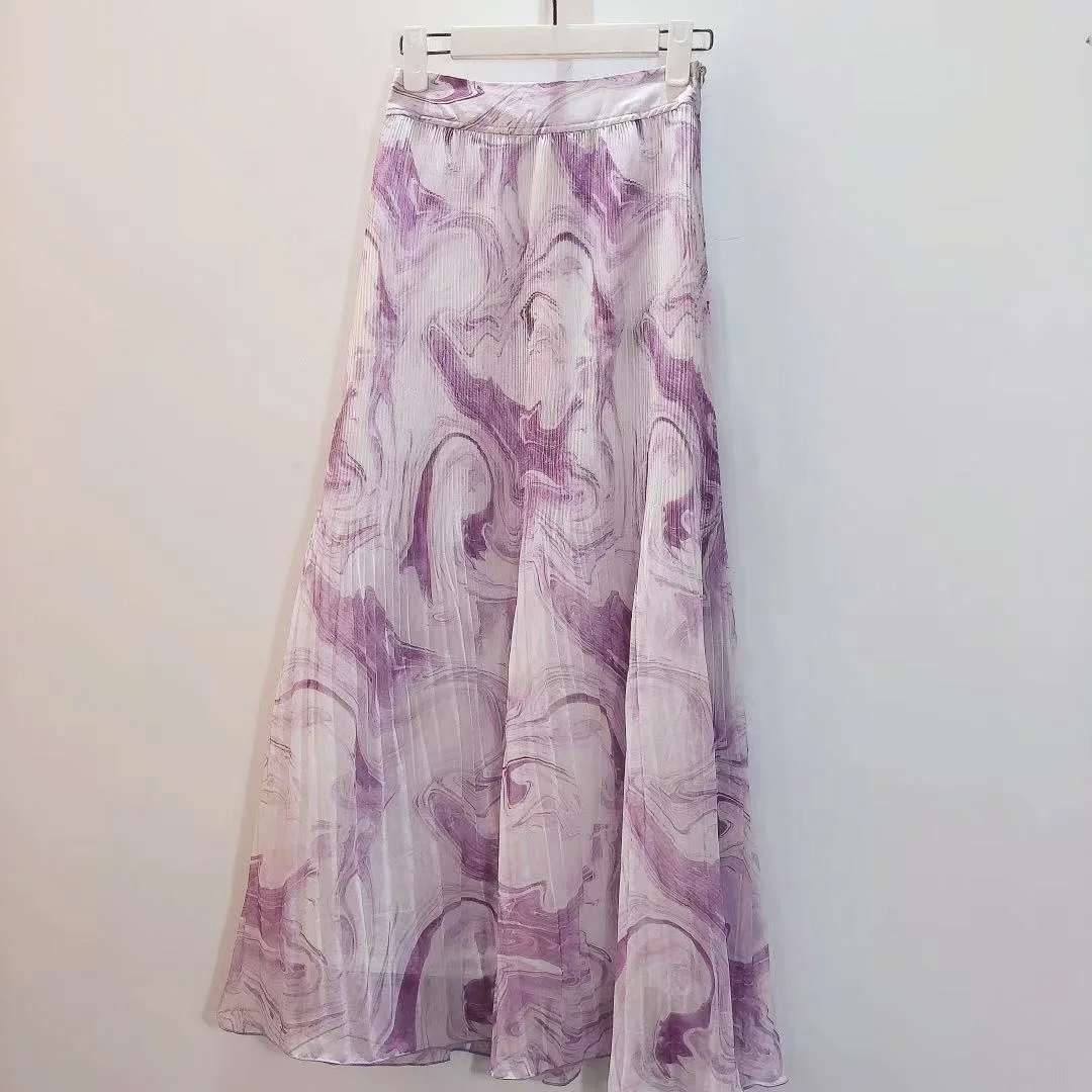 

2021 New Women Pleated Midi Skirt Lady High Waist Tie Dye Print Fashion Purple Long Skirts