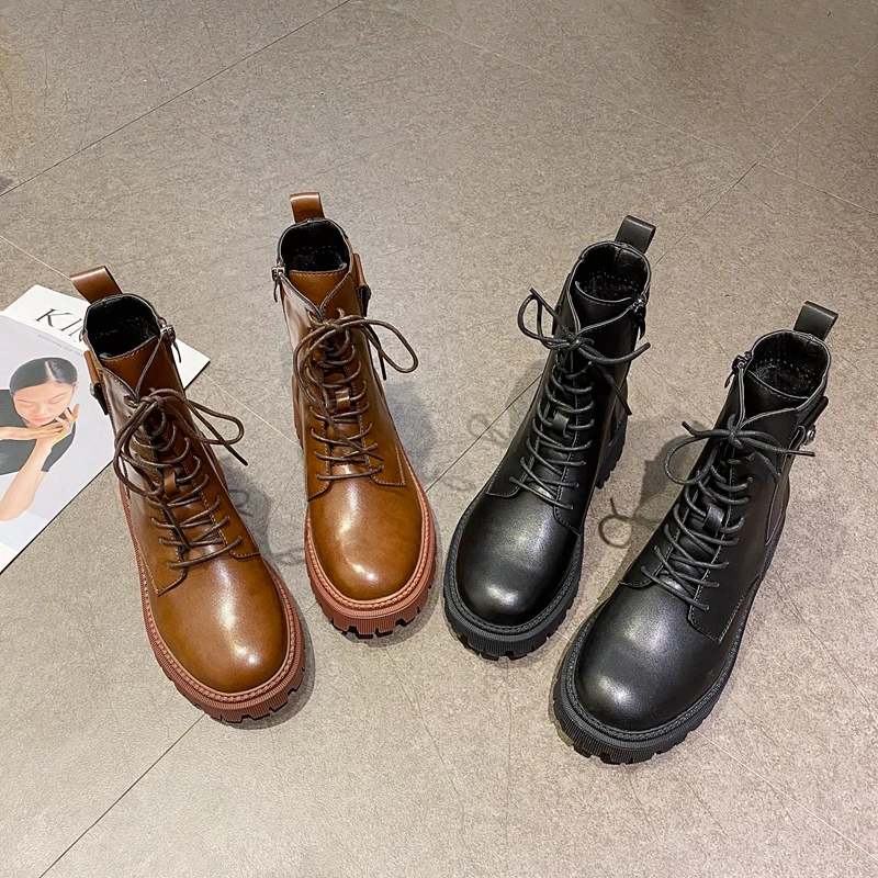 

DLEK Women Boots Fashion Black Metal Decoration Ankle Platform Boots Spring Mesh Round Toe Zipper Cool Lace-Up Shoes