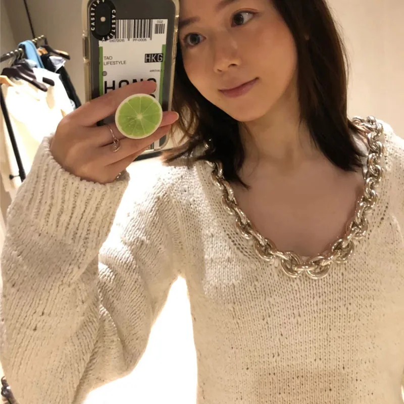

[DEAT] V-neck Collar Long Sleeve Solid Metal Chain Decoration Mid Calf Dress Y2k Mall Goth Spring Clothes For Women 2021 GX678