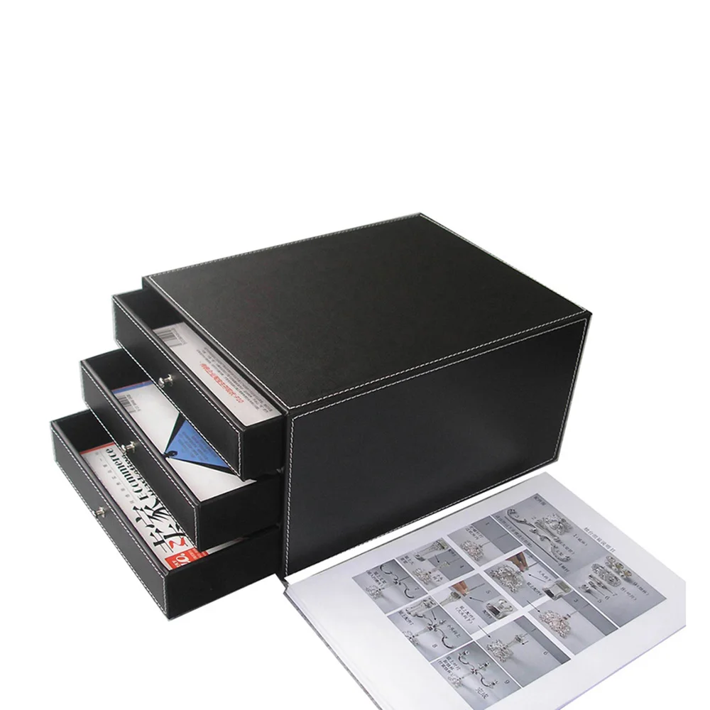 A008 BLACK 3-слойный офисный стол из искусственной кожи, шкаф для документов, держатель для документов, настольный органайзер, коробка для хранения, 3 ящика - Цвет: A008 BLACK