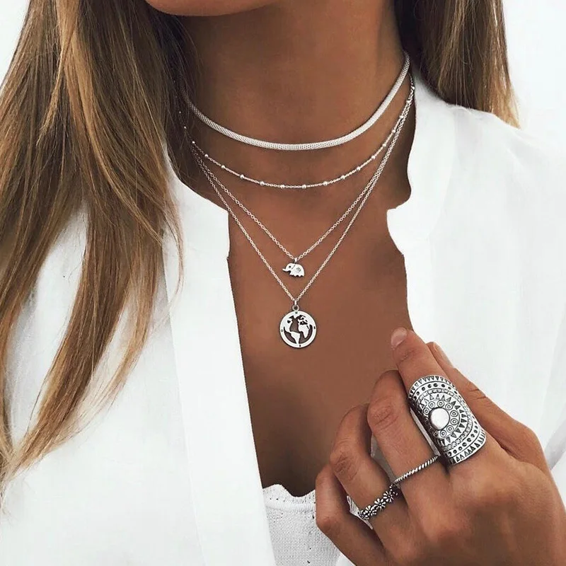 

2020 Silver Color DIY Sequins Mace Moon Stars Chain Necklaces for Women Vintage Boho Beads Flower Pendants Necklaces Multilayer