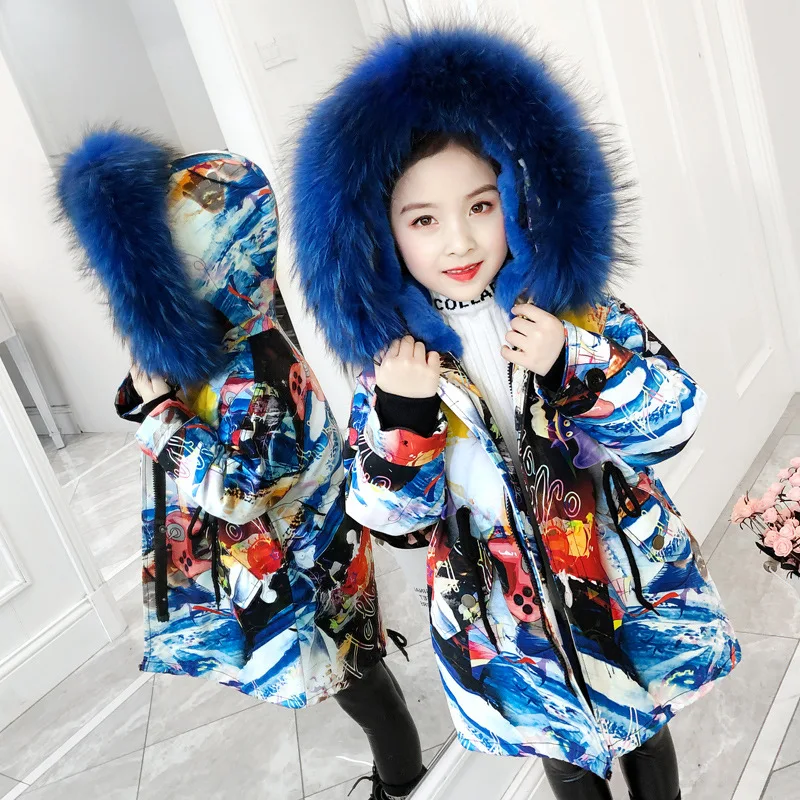 

Winter Children Parka Girls Fur Coat Warm Removable Faux Rabbit Fur Boy Jacket Thickened Padded Coat For Kids TZ582