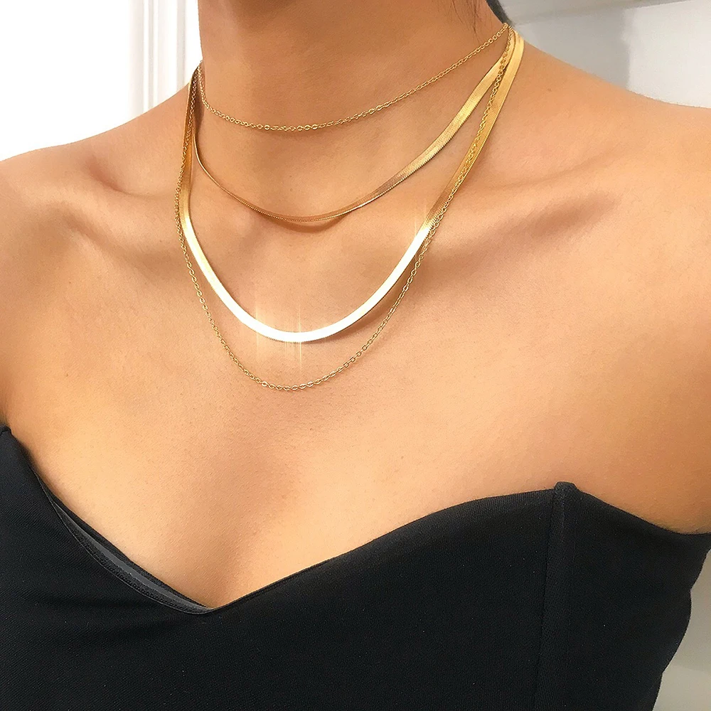 

Layered Snake Chain Choker Necklace for Women Gold Silver Color Herringbone Chokers Link Charm Jewelry for Girls