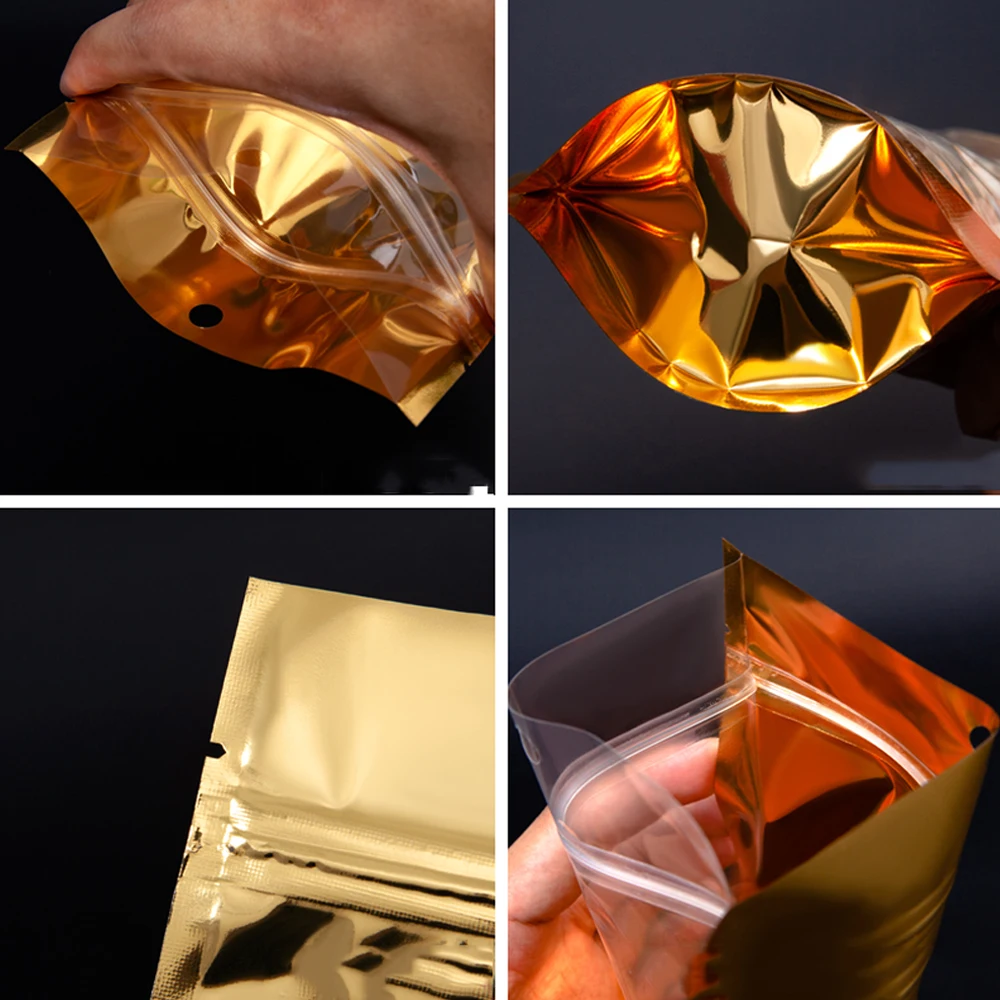 100Pcs Gold Aluminum Foil Clear Bag Zip Lock with Hang Hole Stand Up Tear Notch Reusable Food Nut Candy Packaging Pouches images - 6