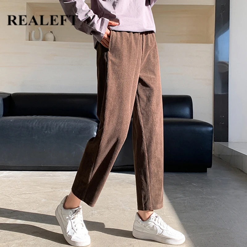 

REALEFT Autumn Winter Loose Corduroy Women's Pants 2021 New Vintage Elastic High Waist Solid Casual Straight Trousers Female