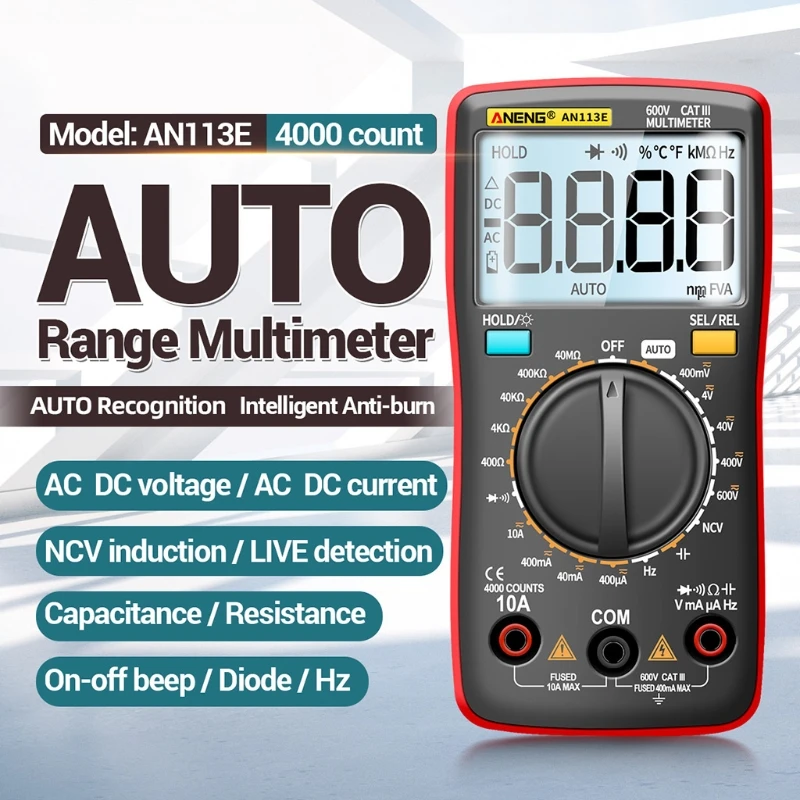 

2022 New Live Detection Multimeter AC/DC Voltmeter Transistor Tester Frequency Diode Tester Auto Range 4000 Counts Red/ Blue
