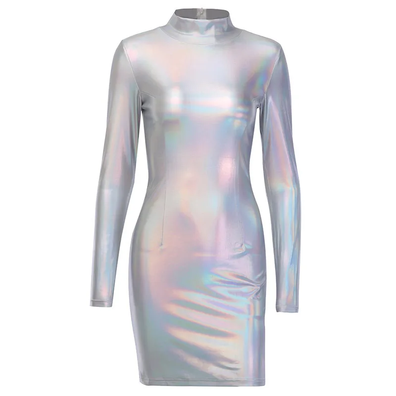 

Future Fashion Half High Neck Long Sleeve Laser High Waist Mini Dress Sexy PU Clubwear Laser Flash Fashion Summer Night Party