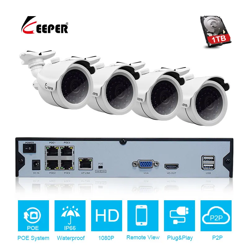 Keeper 4CH 1080P NVR 4PCS 2.0MP POE IP камера P2P HDMI 1080P CCTV система видеонаблюдение IR Ночное видение наружная камера Комплект