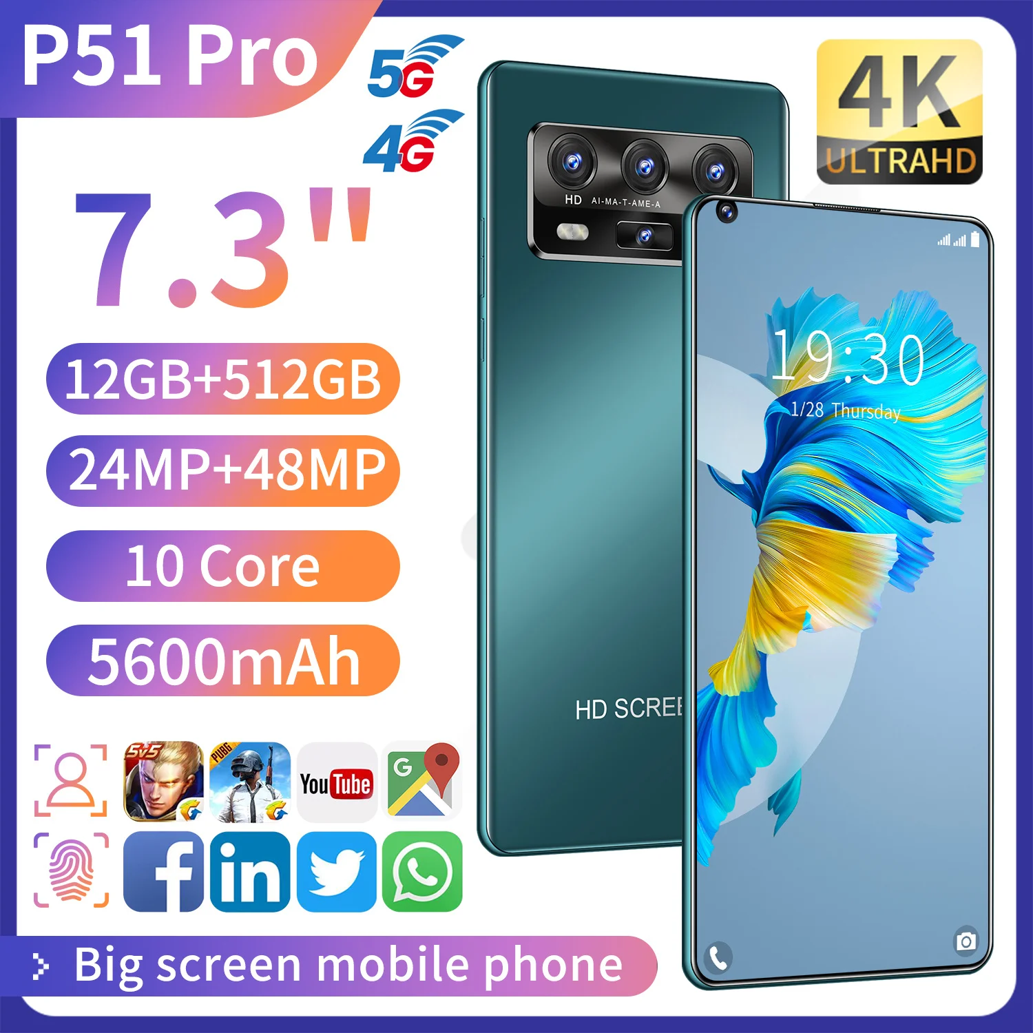 Мобильный сотовый телефон P51 Pro 7 3 дюйма с Android 12 Гб ОЗУ 512 ПЗУ 10 ядерный процессор