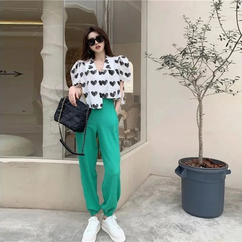 

Summer Casual women Solid two piece Korean Fashion Half open collar Puff Sleeve Printing heart top+High Waist Pants Sweet sets