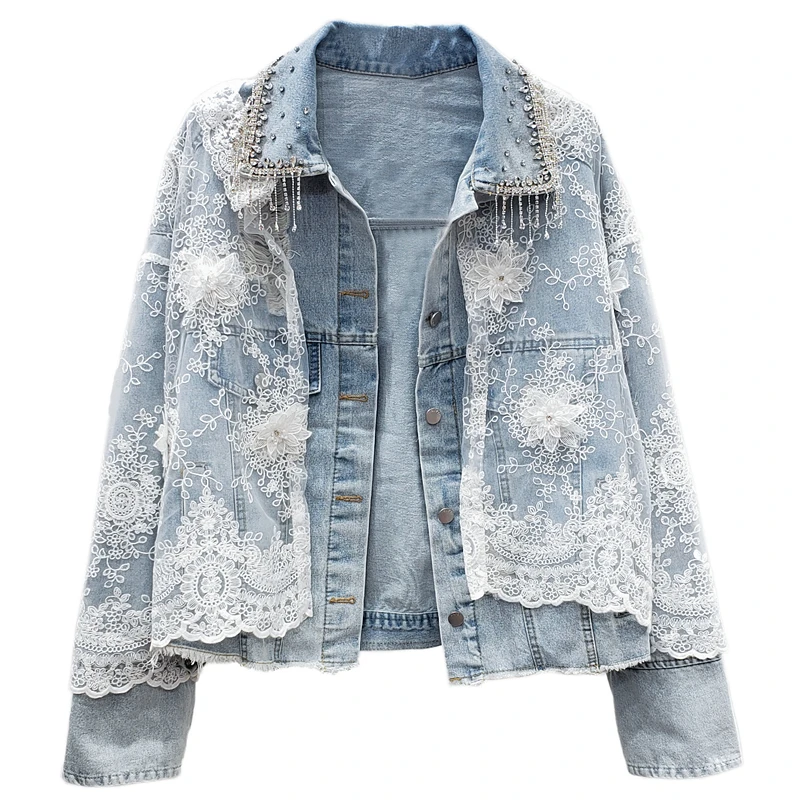 

SeeBeautiful Rhinestone Tassel Lapel Long Sleeve Lace Pockets Pacth Button Loose Denim Coat Woman Spring 2021 New Fashion L838