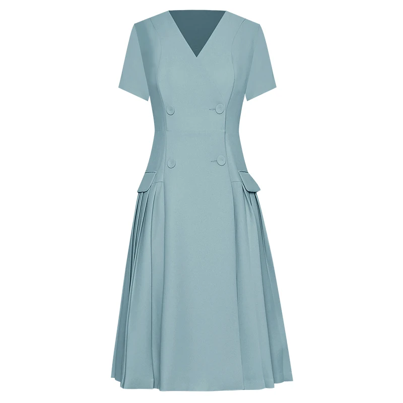 

V-neck Short-sleeved Double-breasted Fashion Pleated Temperament Dresses for Women